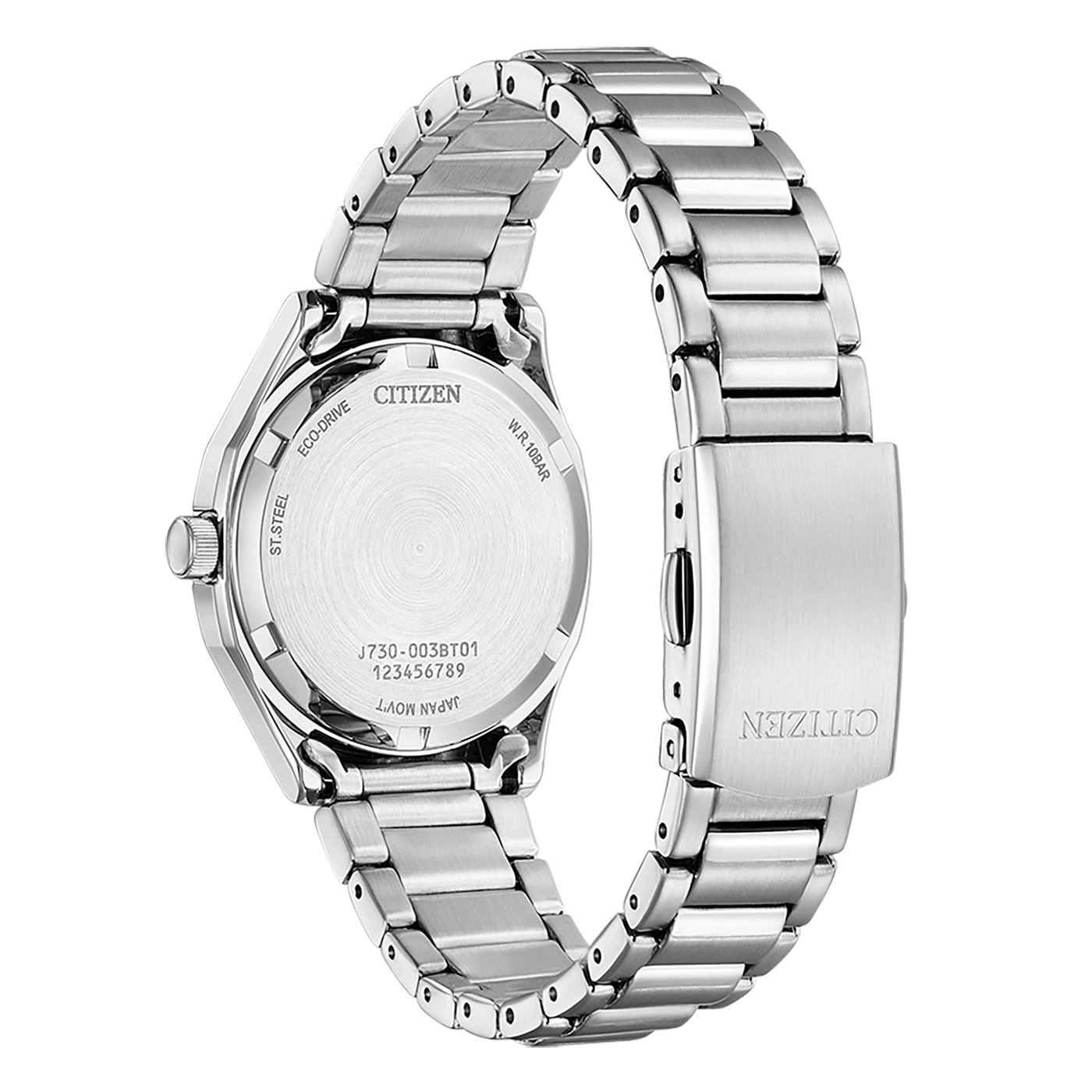 Citizen watch back, stainless steel, Eco-Drive, water resistant, Japan movement