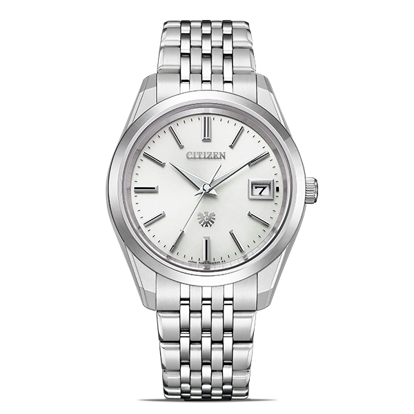 Citizen watch with a silver band and white face, date display.