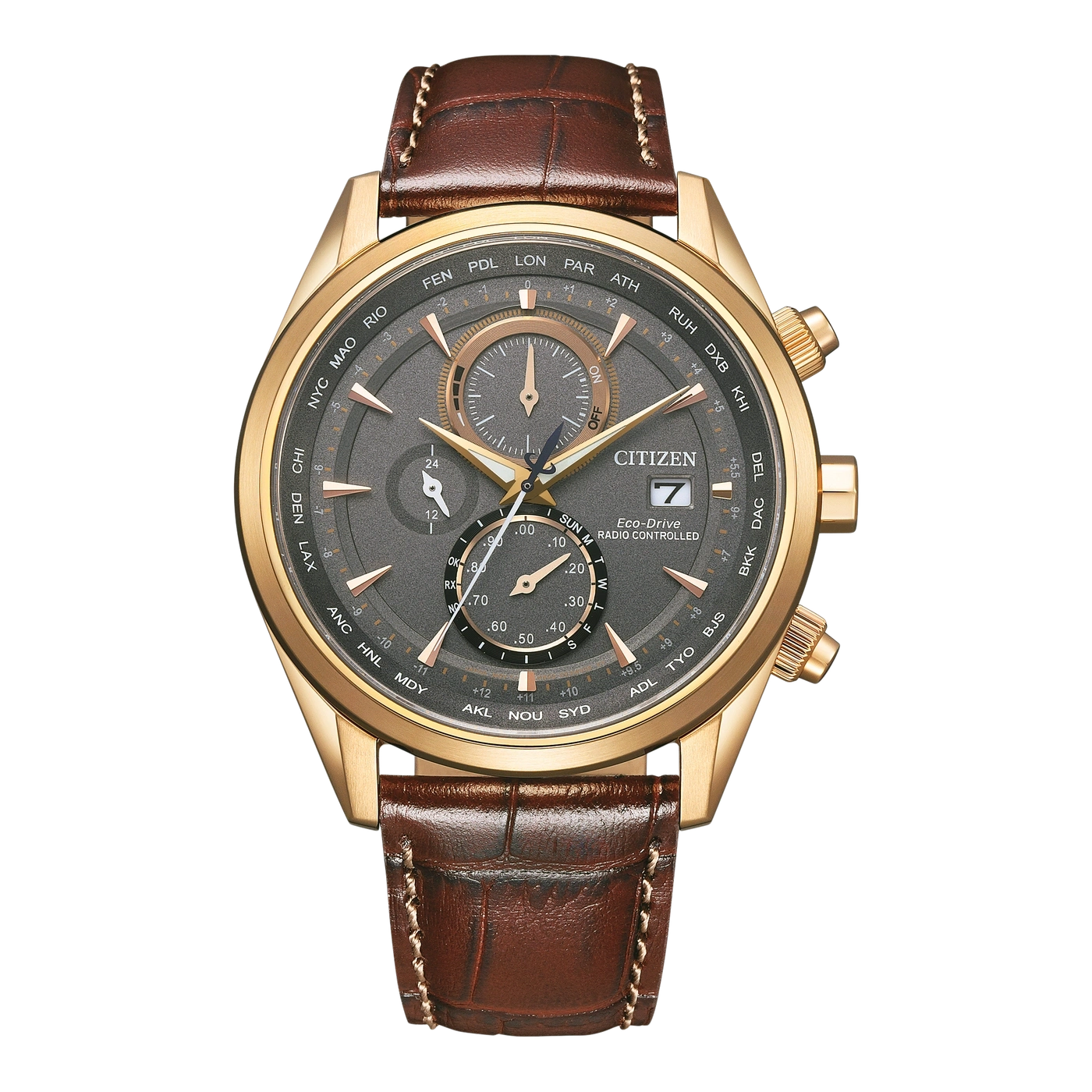 Gold Citizen watch with a brown leather strap and multiple dials.