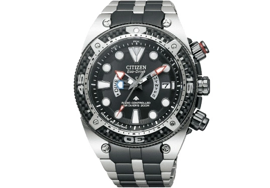 Citizen Eco-Drive watch with black dial, dive features, and stainless steel band.
