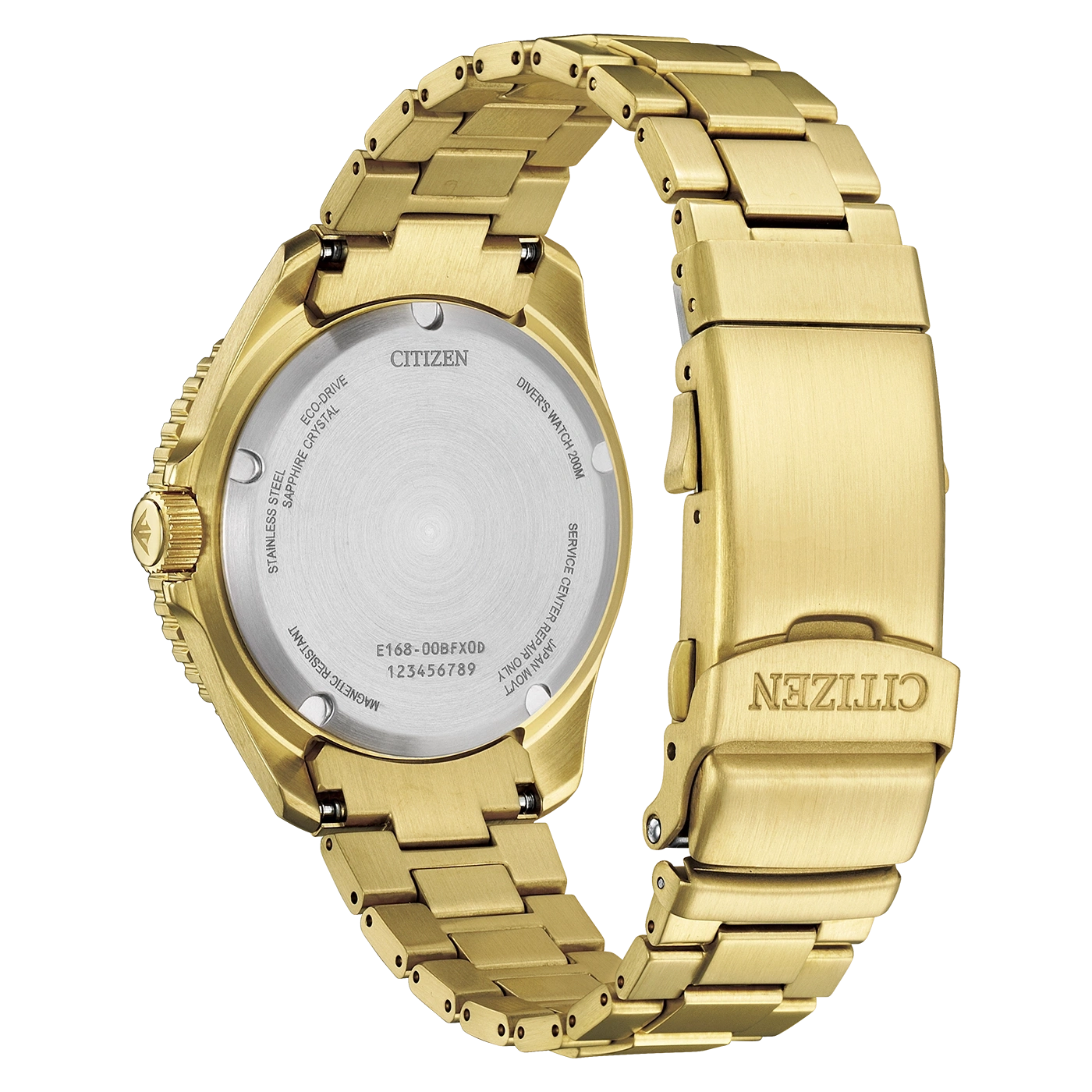 Gold Citizen Eco-Drive diver's watch case back and bracelet