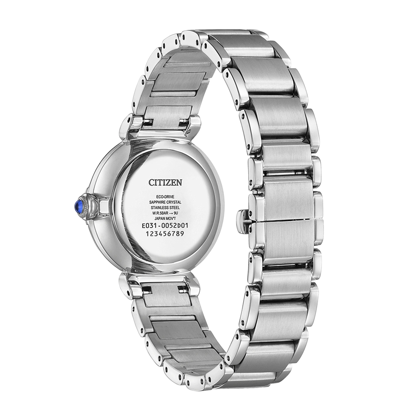 Back view of a silver Citizen Eco-Drive watch with a blue gem on the side.