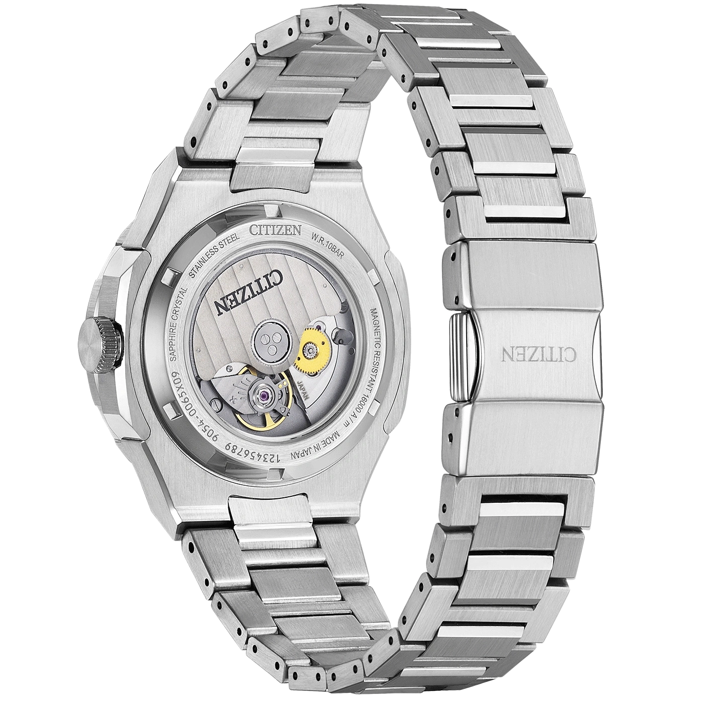 Citizen watch back, sapphire crystal, stainless steel, Japanese movement, W.R. 10 bar.