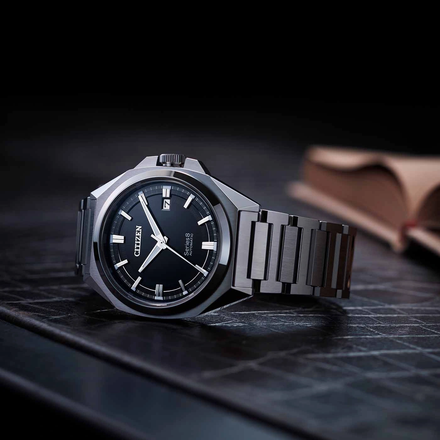 Citizen Series 8 automatic watch with black dial and metal bracelet