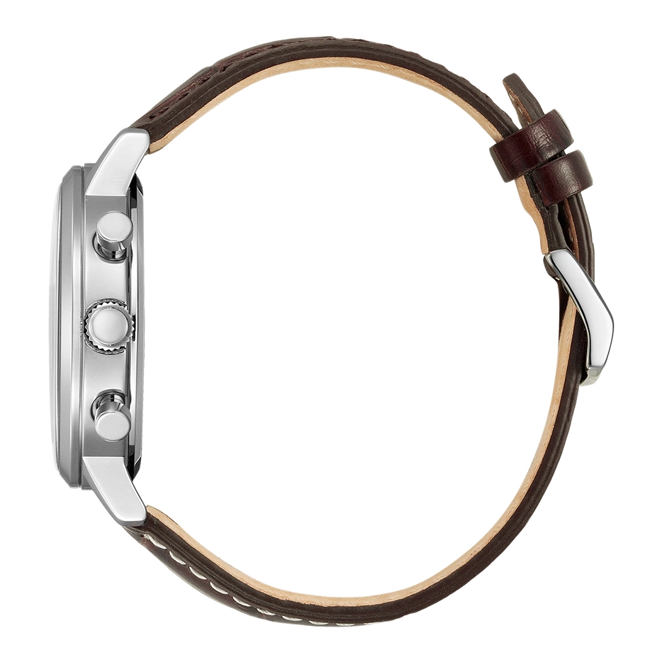 Side view of a silver watch with a brown leather strap.