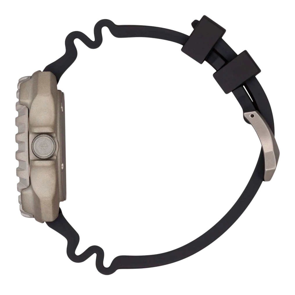 Side view of a watch with a black strap and a silver buckle.