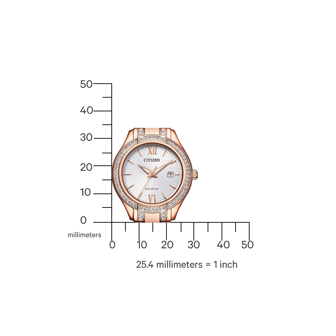 Citizen watch with rose gold and diamonds, white face, date display, Eco-Drive.