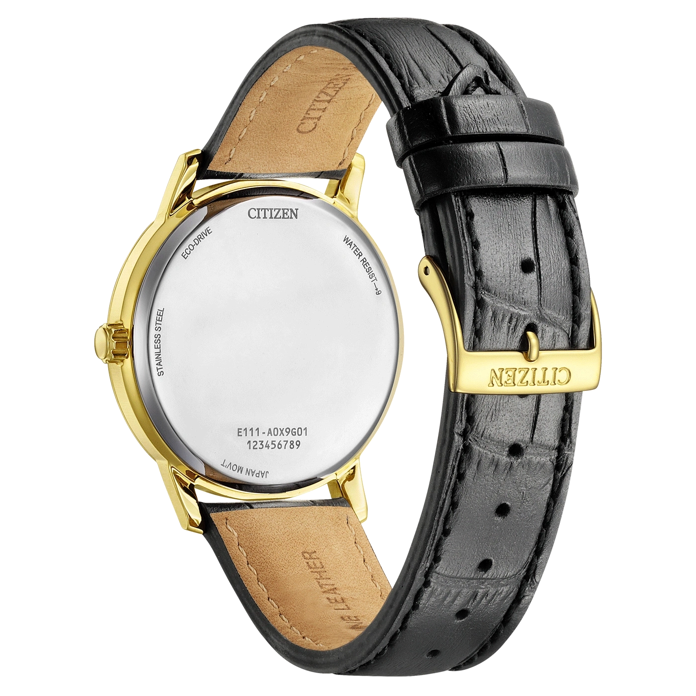 Citizen watch back, gold case, black leather strap, water resistant, stainless steel, eco-drive