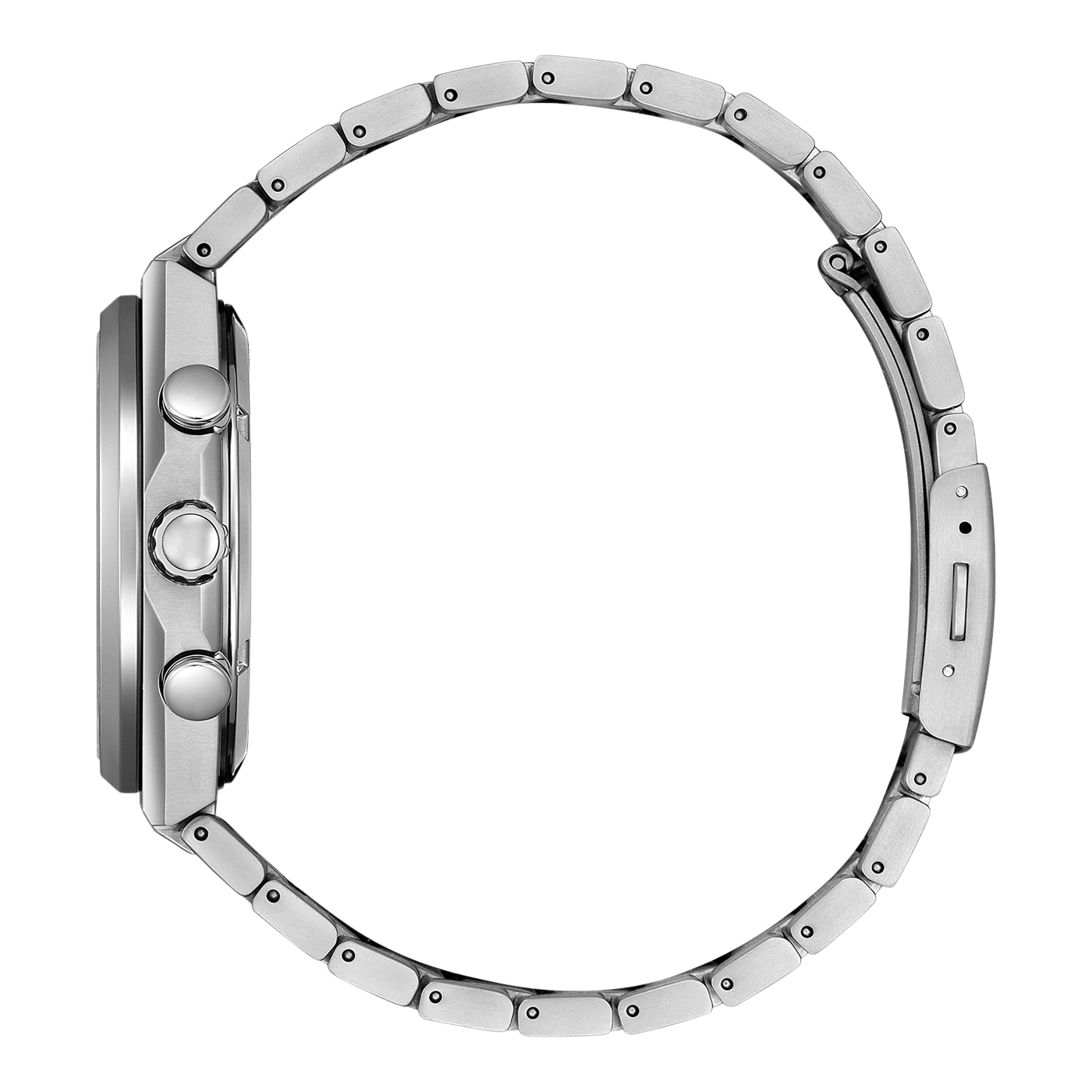 Silver watch with a metal strap, side view, elegant design, modern style.