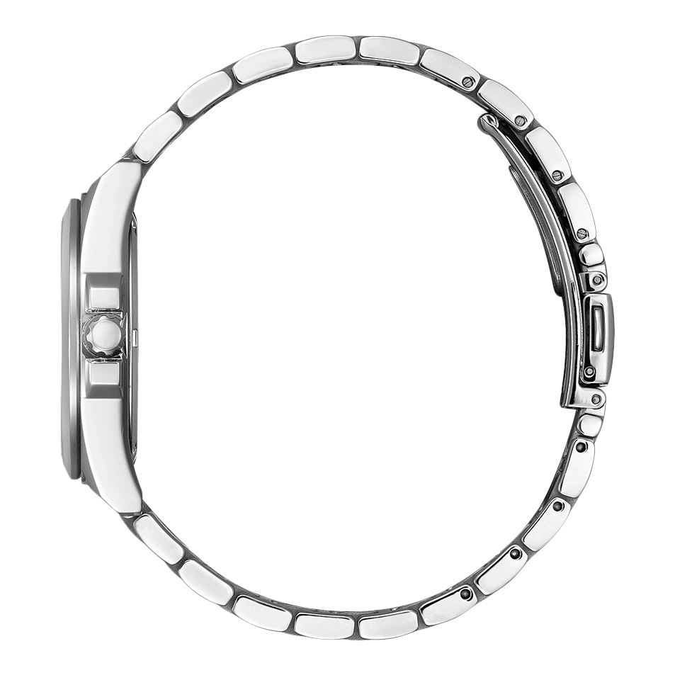 Side view of a silver wristwatch with a metal band and clasp.