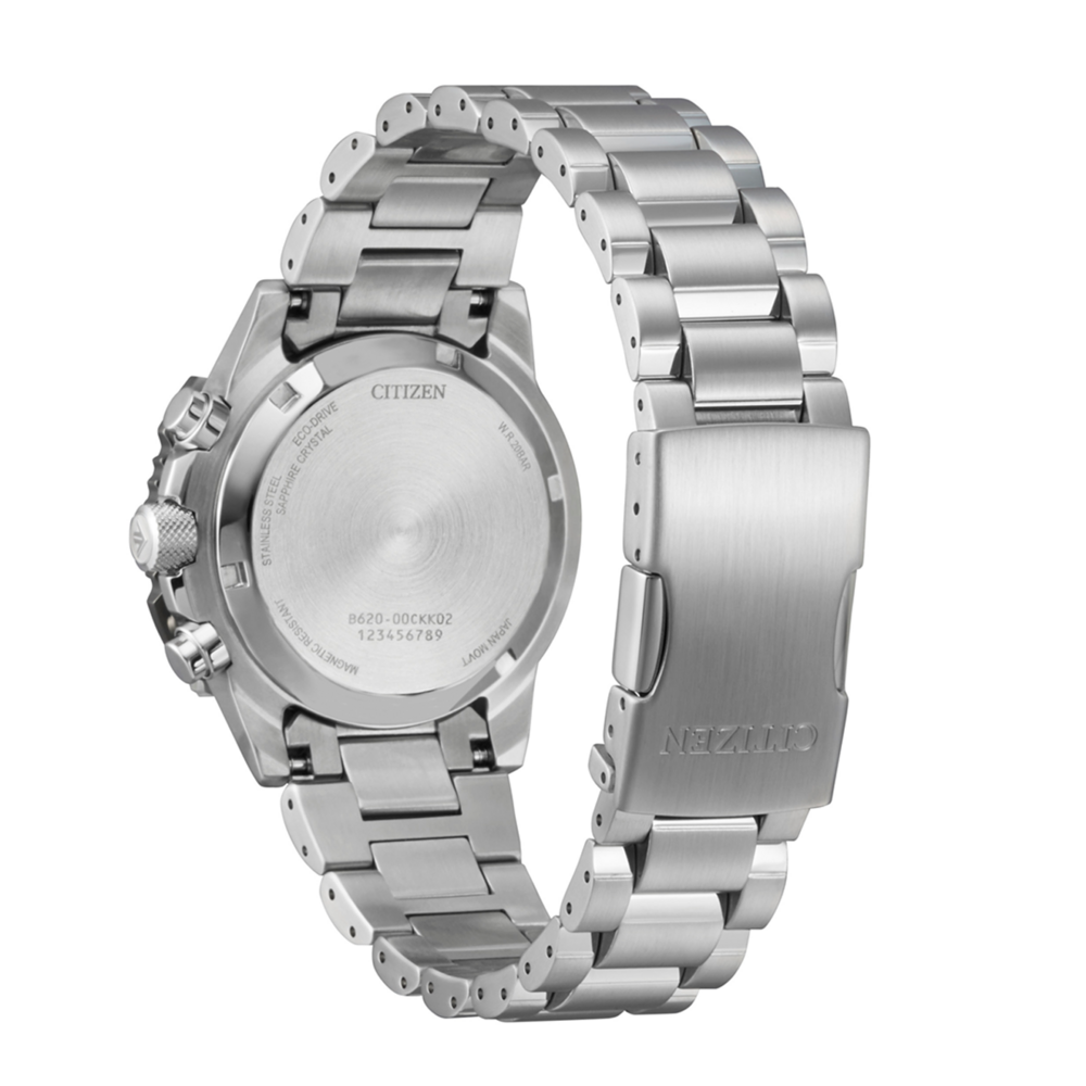 Back view of a stainless steel Citizen Eco-Drive watch with a metal band.