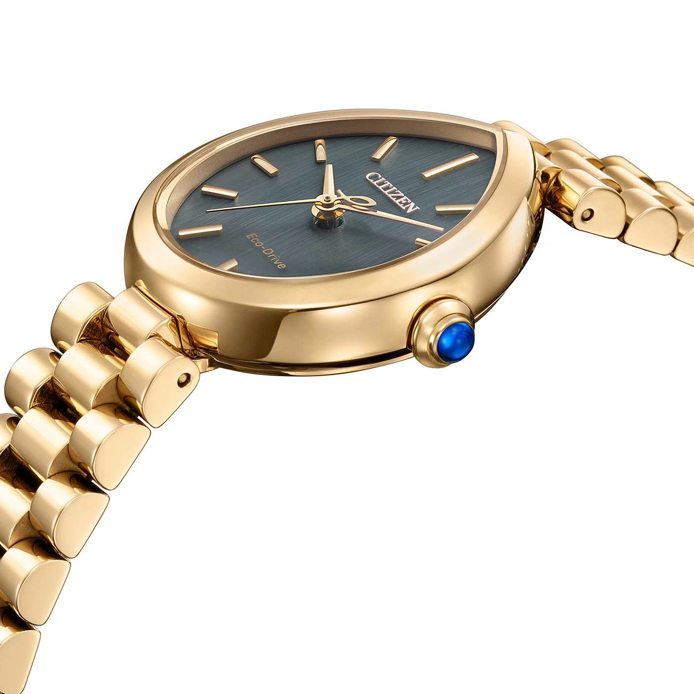 Close-up of a gold Citizen Eco-Drive watch with a blue jewel.