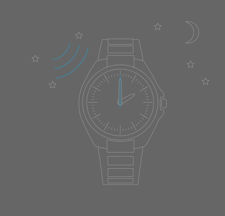 Watch showing night time with stars and moon, and sound waves.
