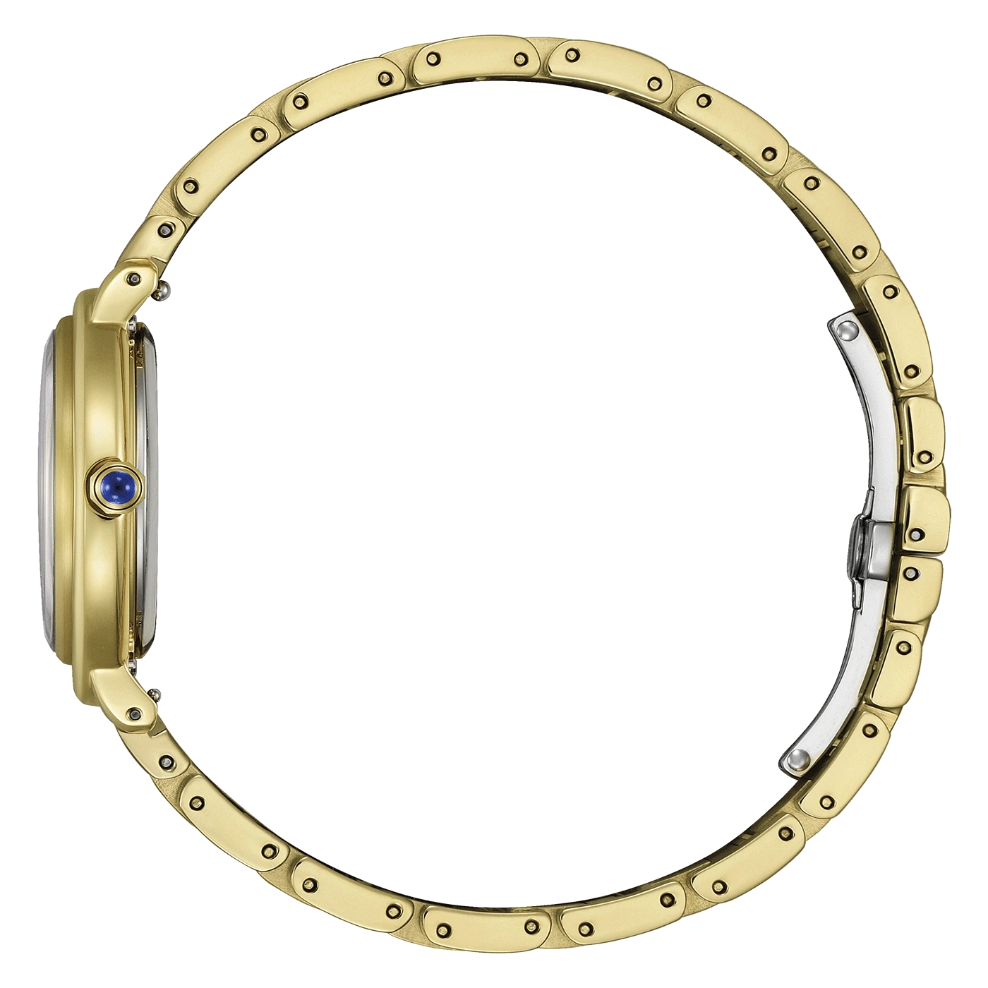 Gold watch with a blue gem on a green background, side view.