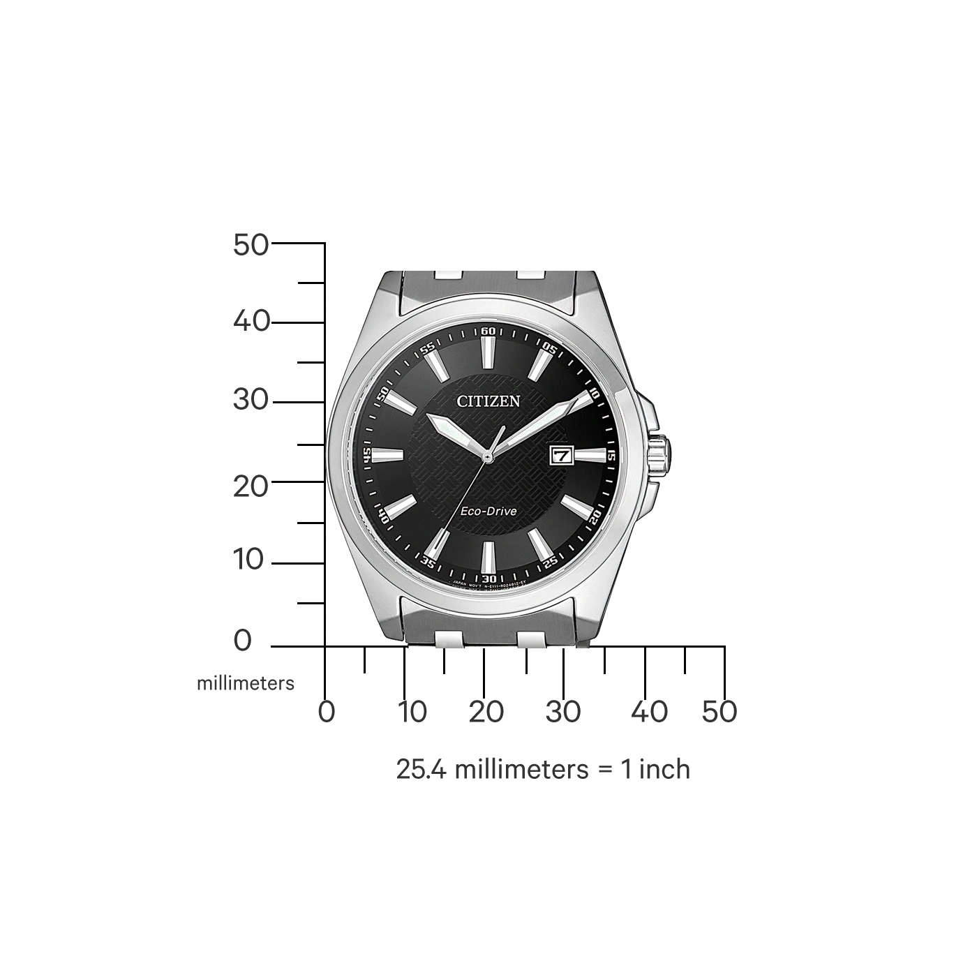 Citizen watch with black face, Eco-Drive, and date display, with a scale in millimeters.