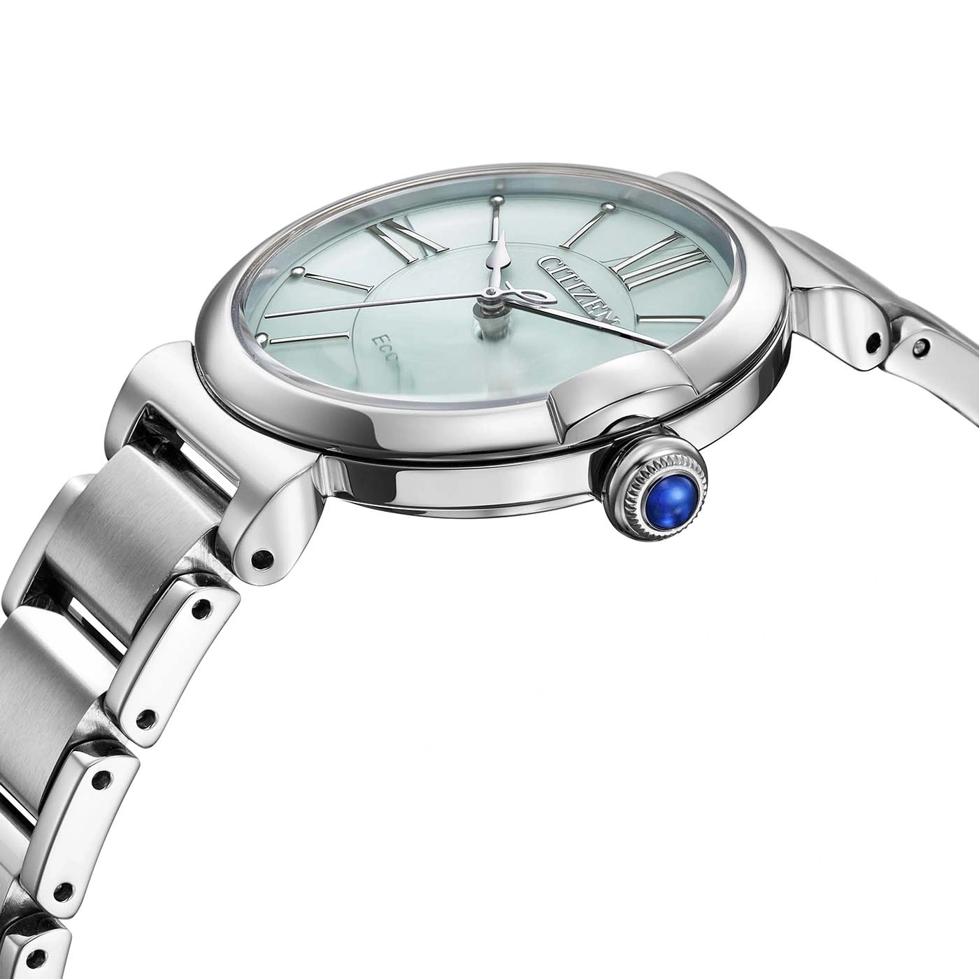 A close-up shot of a silver Citizen Eco-Drive watch with a light blue face and Roman numerals.