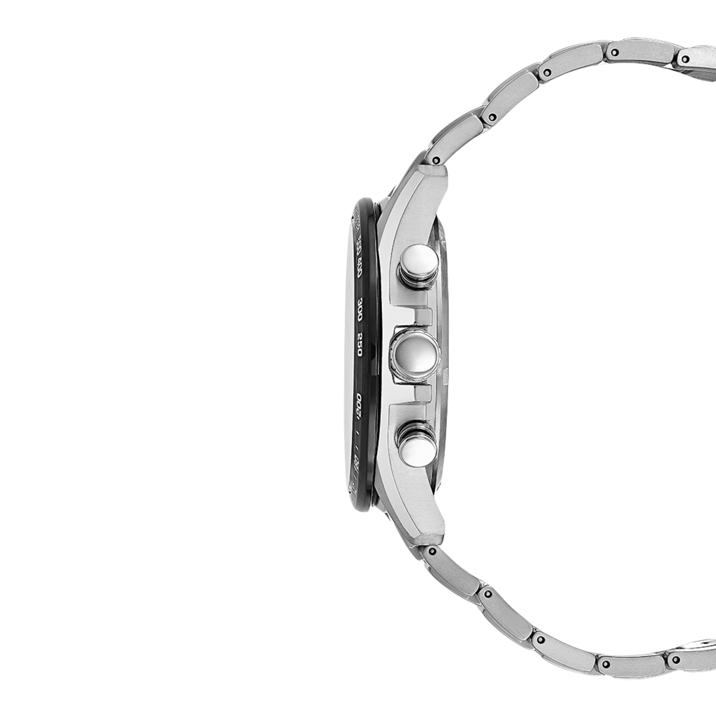 Side view of a silver wristwatch with a black dial and metal strap.