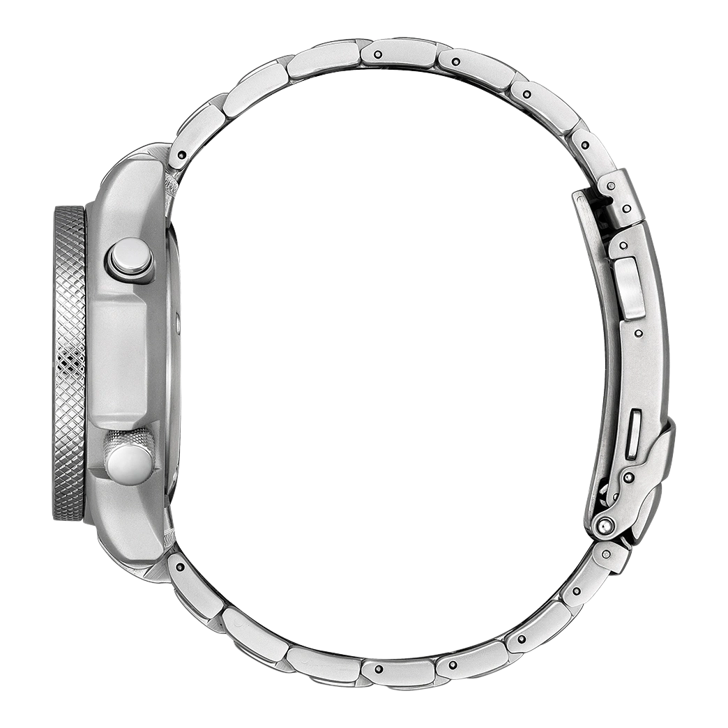 Side view of a silver wristwatch with a metal band and clasp.