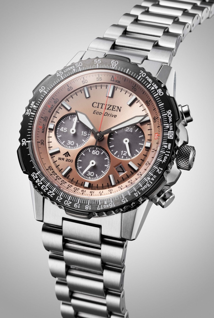 Citizen Eco-Drive watch with a metallic band and a detailed dial, showing time and measurements.