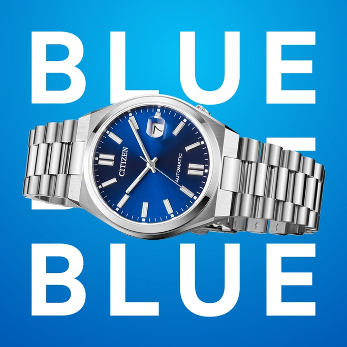 Citizen watch with blue face and metal band, surrounded by the word BLUE.