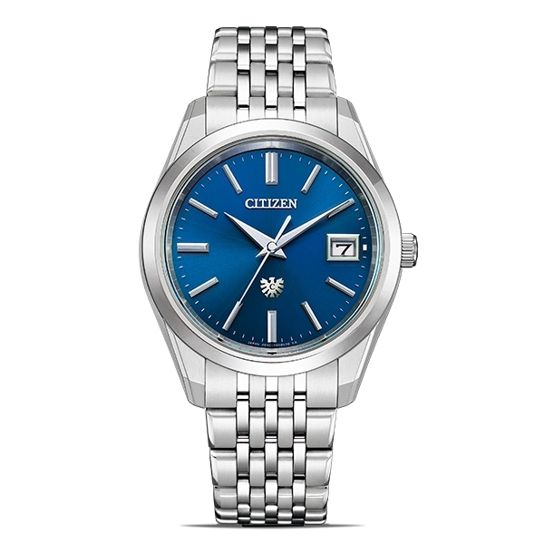 Citizen watch with a blue dial and silver strap, elegant design.