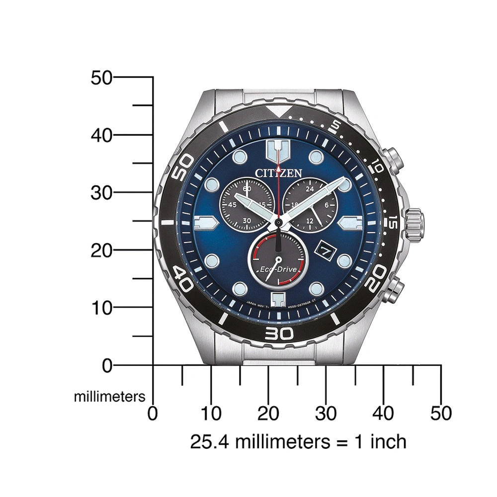 Citizen watch with blue face, black bezel, and silver band. Eco-Drive technology.