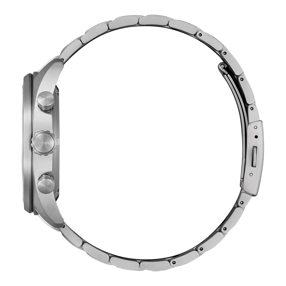 Side view of a silver wristwatch with a metal band.