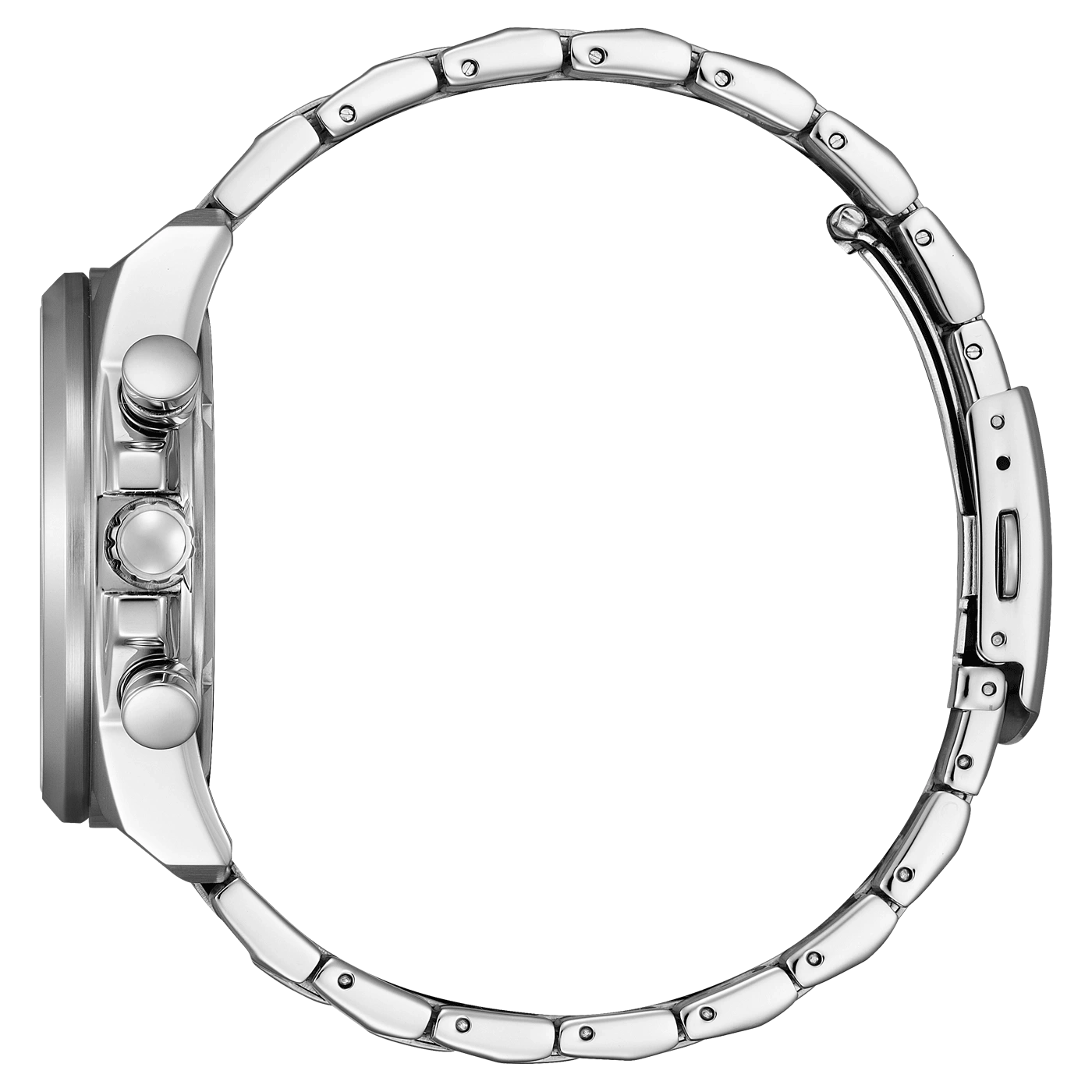 Side view of a silver wristwatch with a metal band and buttons.