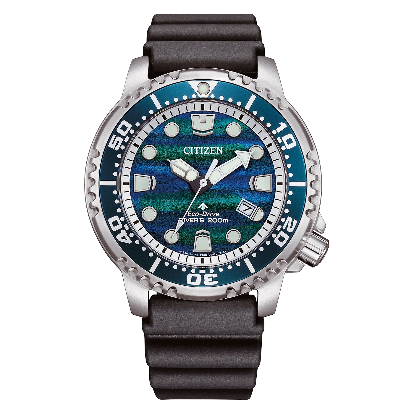 A Citizen Eco-Drive divers watch with a blue-green dial and black strap.