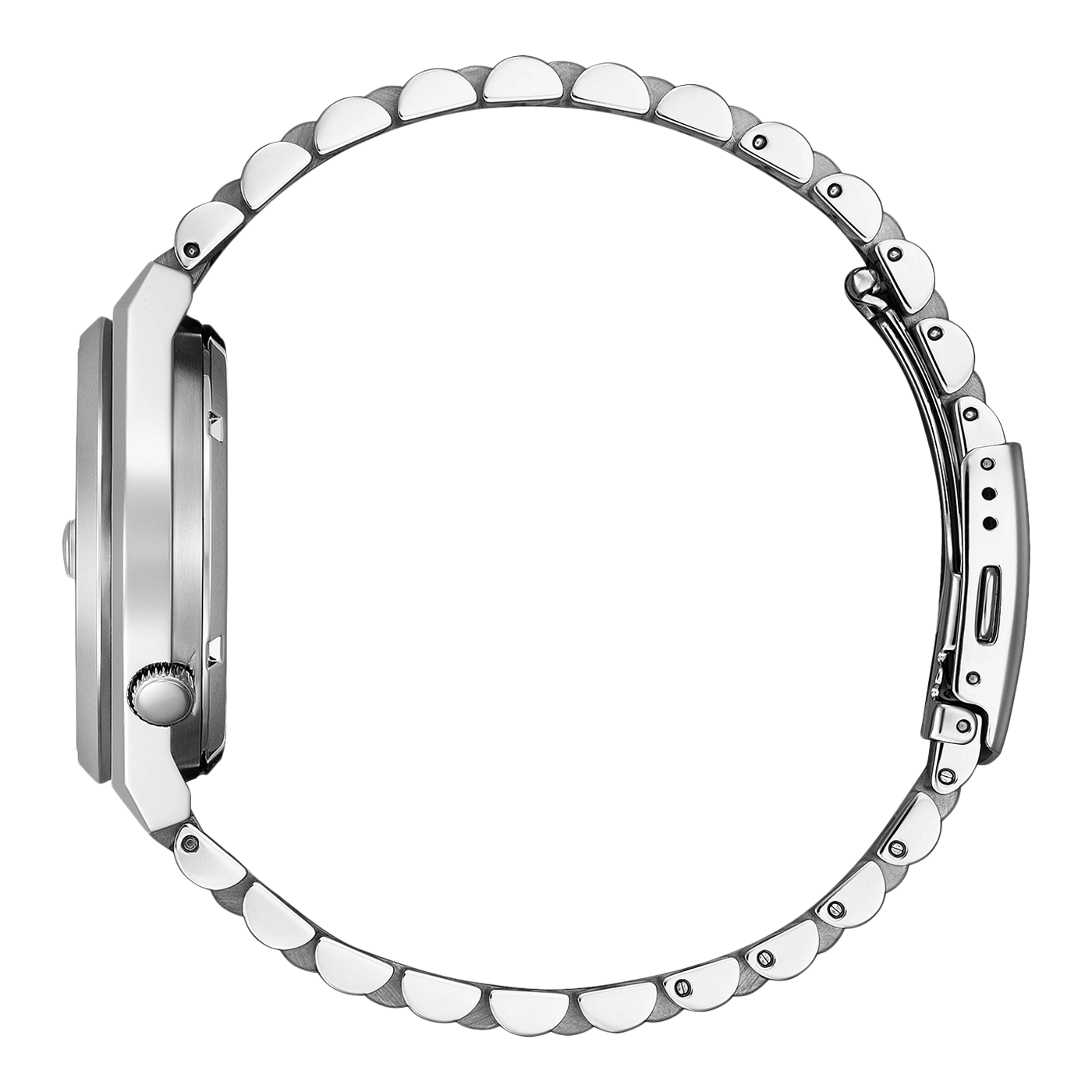 Silver watch with a metal strap, side view, elegant design, shiny, modern