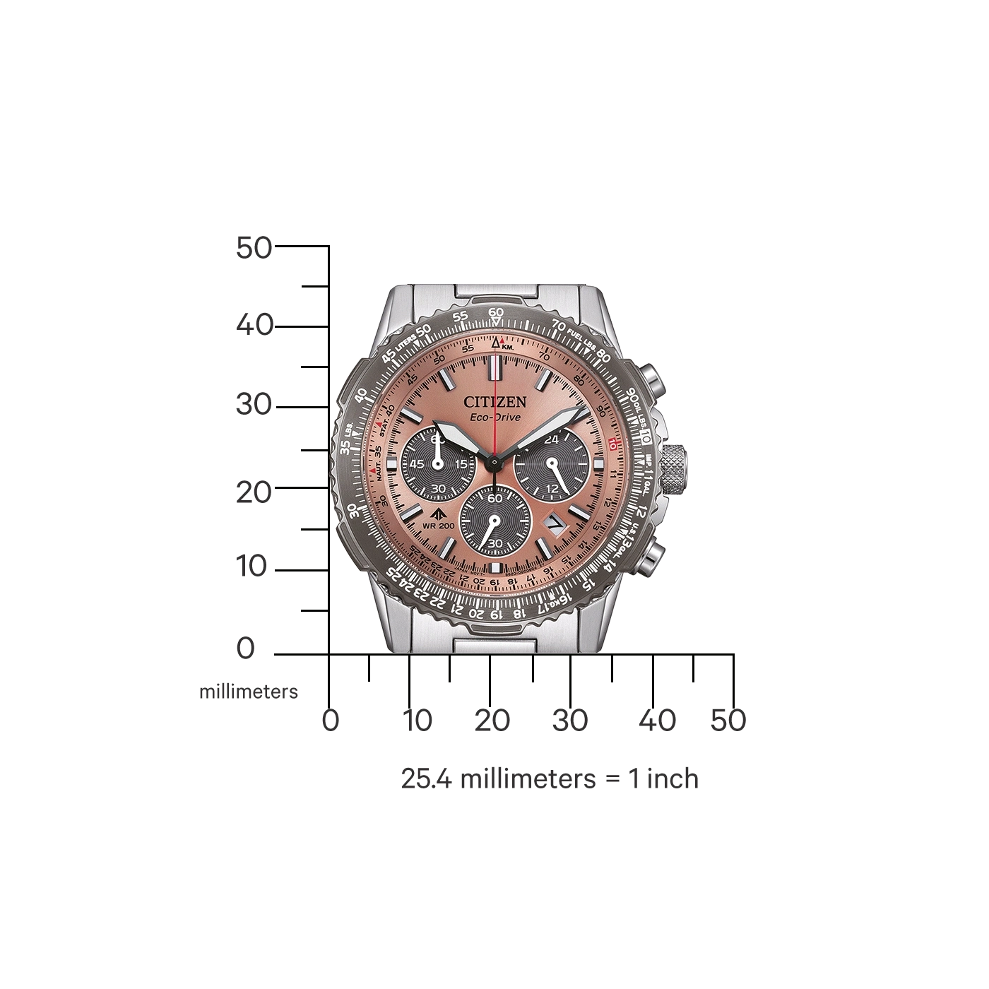 Citizen Eco-Drive watch with a rose-gold face and silver band, with a scale.