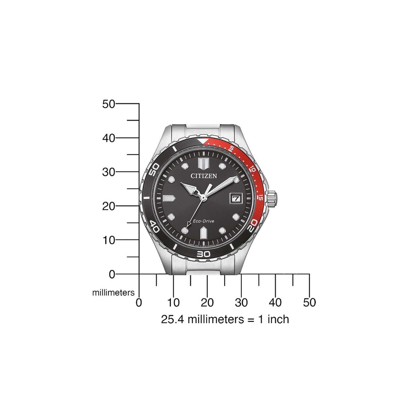 Citizen watch with black and red bezel, showing time and date, with scale in millimeters.