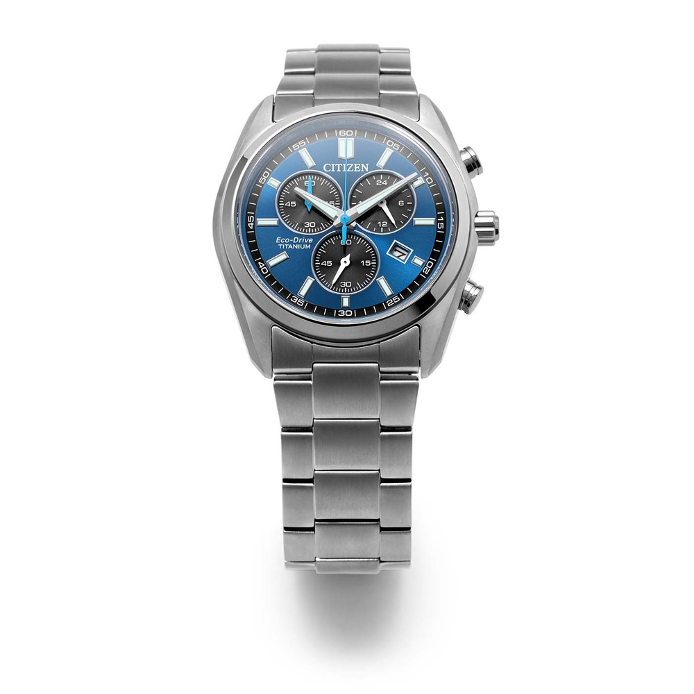 A modern silver Citizen Eco-Drive Titanium chronograph watch with a blue dial.
