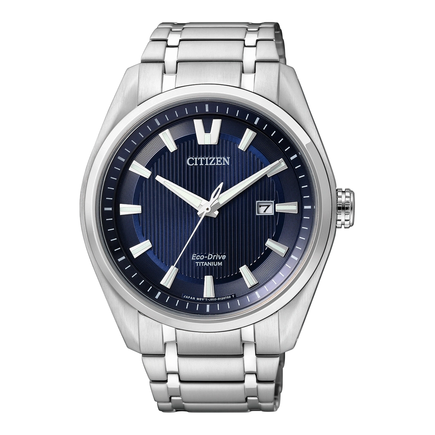 Citizen watch with blue dial and titanium bracelet, elegant design.