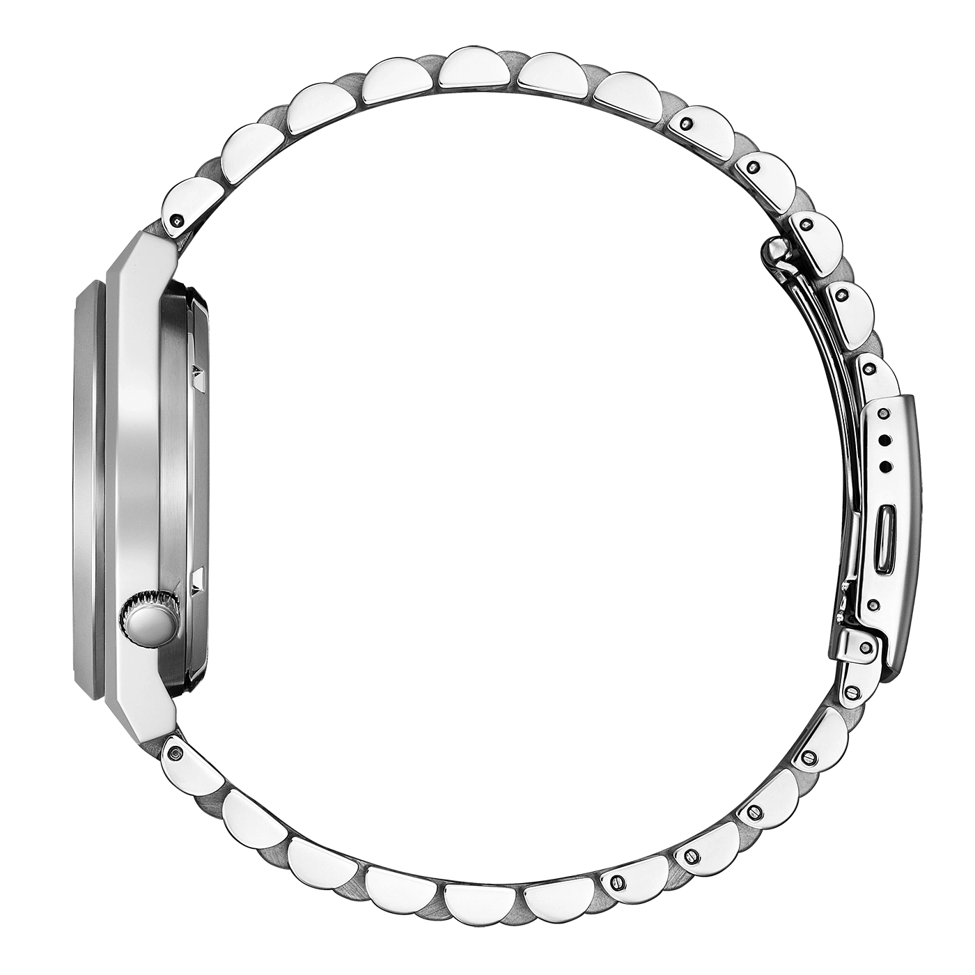 Side view of a silver wristwatch with a metal band, elegant design.