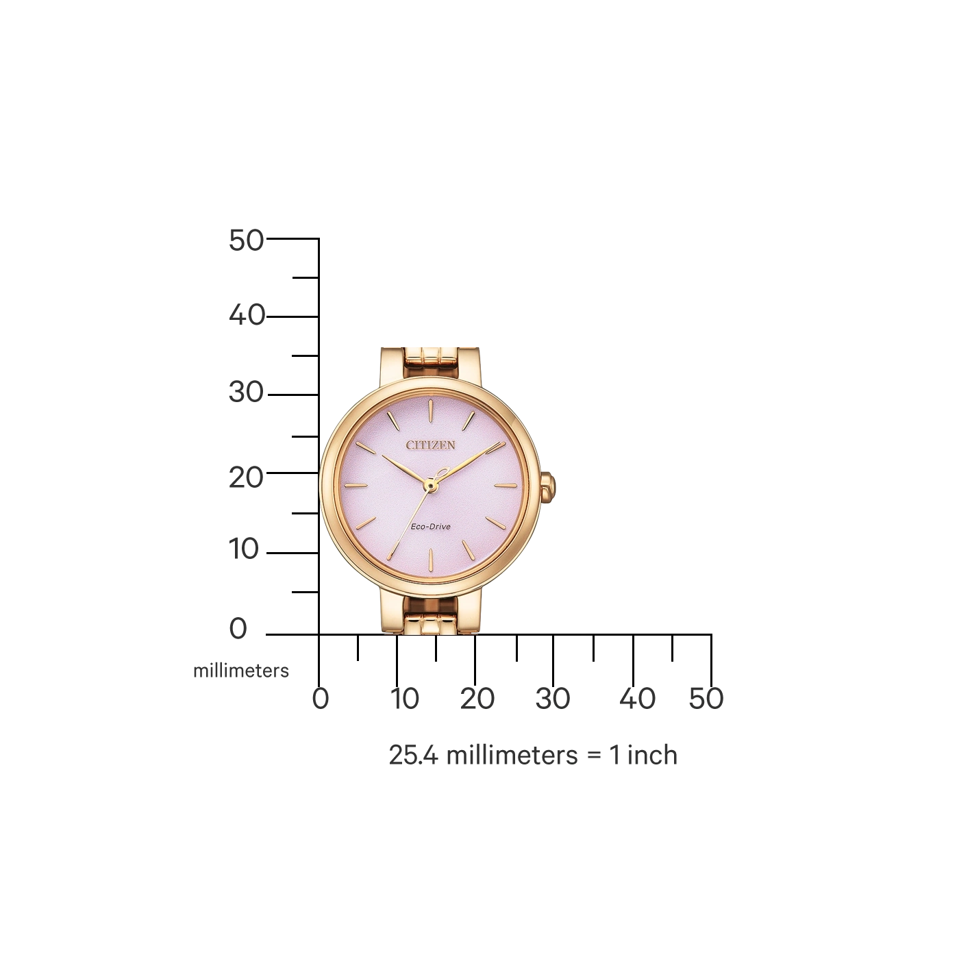 Citizen watch with a pink face and gold band, measuring in millimeters.