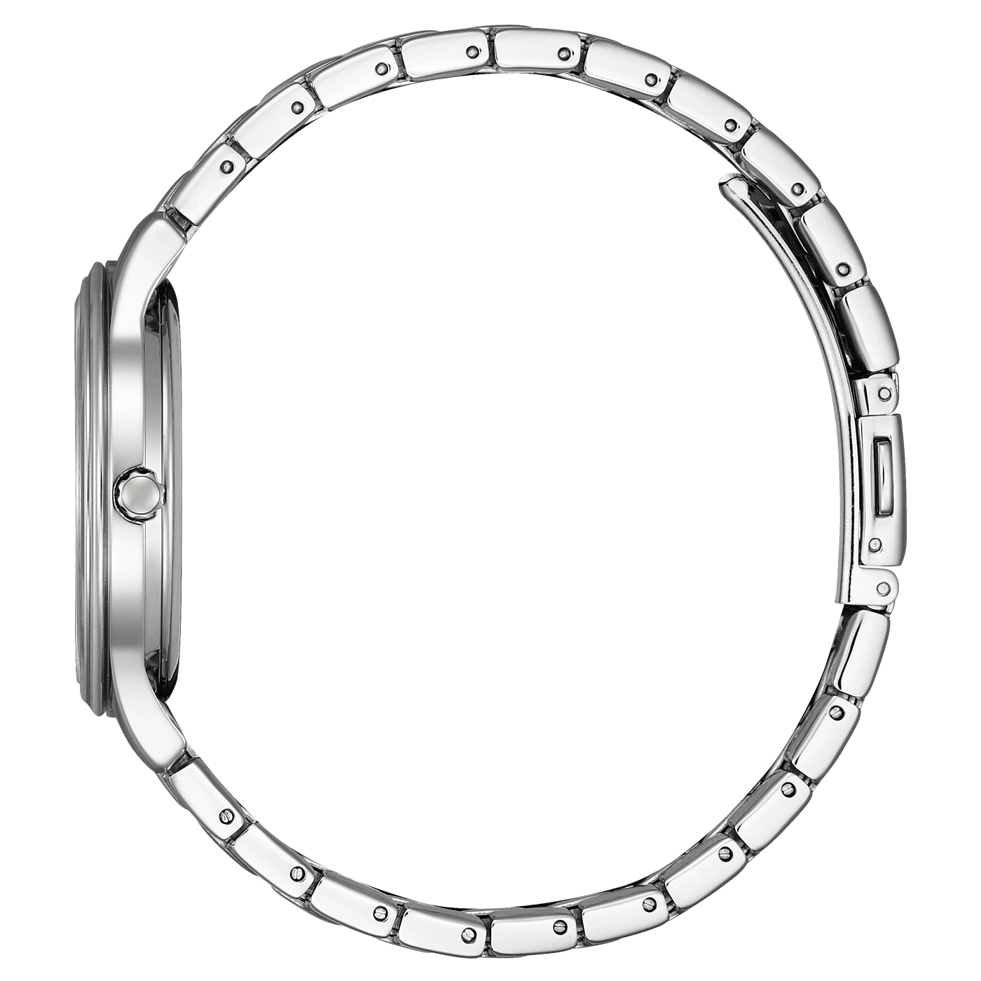 Silver watch with a metal strap, side view, elegant design, shiny