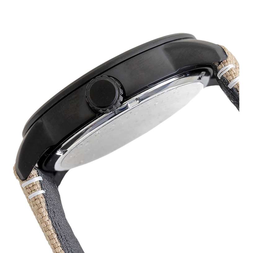 Close-up of a black watch with a beige and black strap, side view.