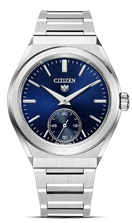 Citizen watch with a blue face and silver band, elegant design.