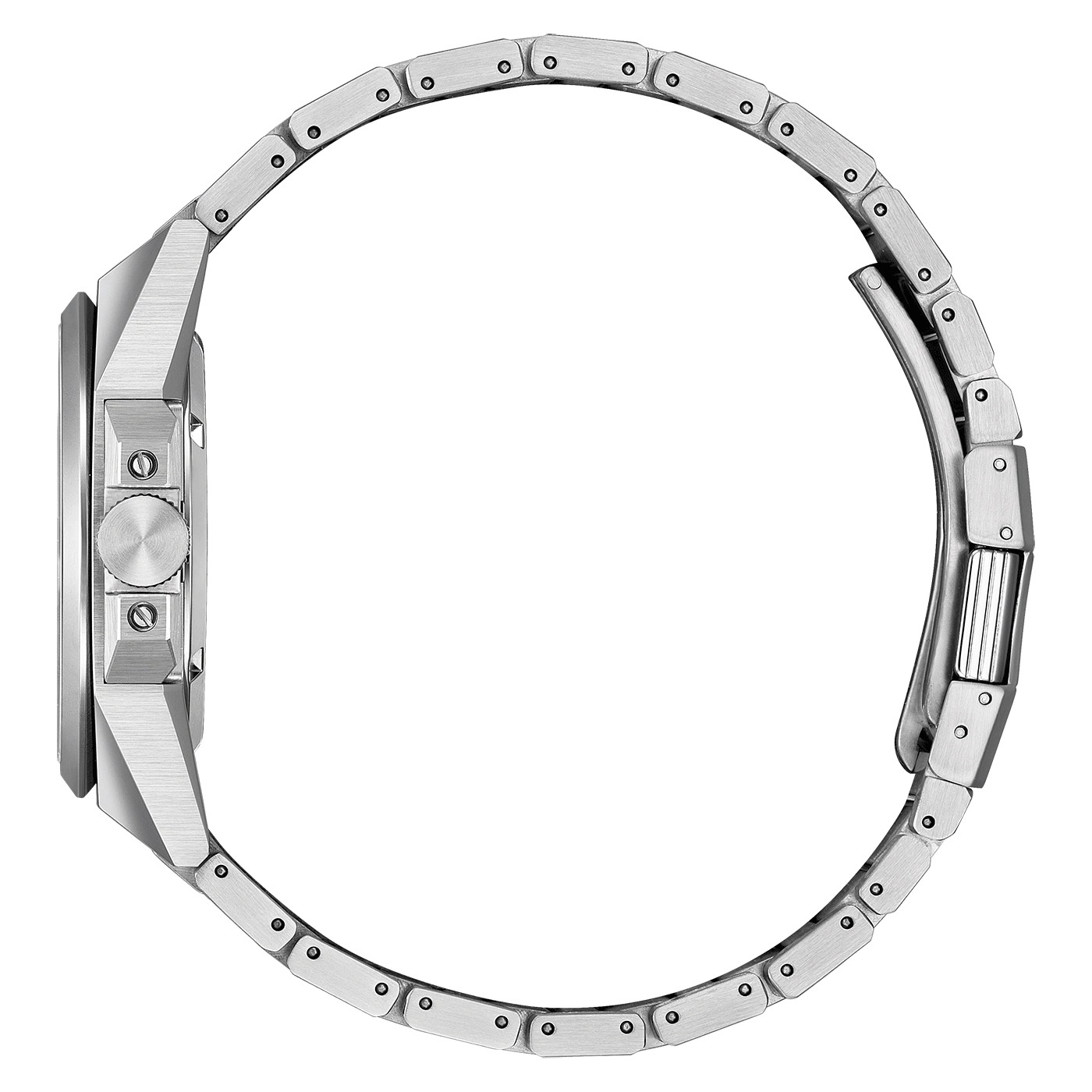 Side view of a silver watch with a metal band, elegant design.