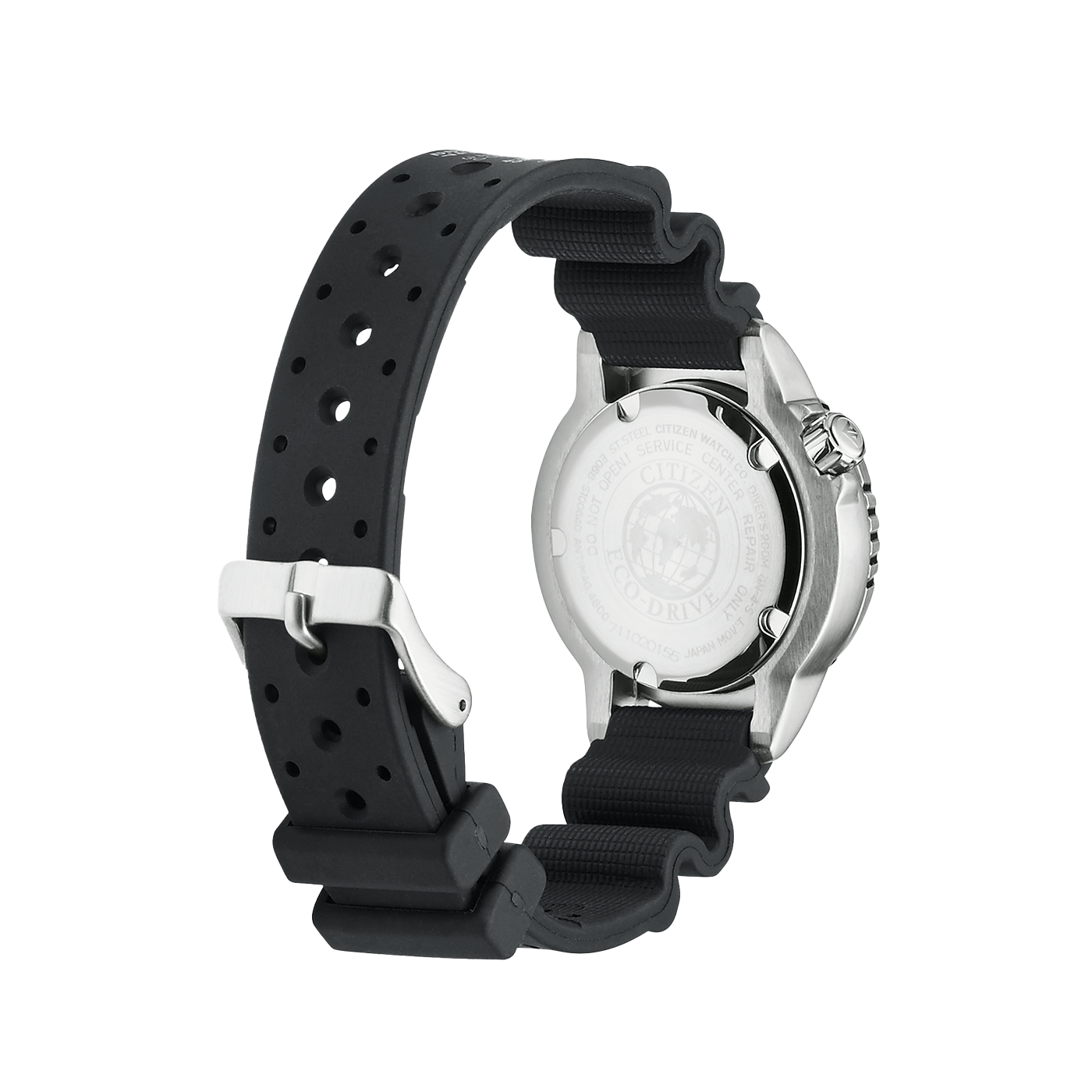 Citizen watch with black strap, Eco-Drive, diver's watch, stainless steel case, back view