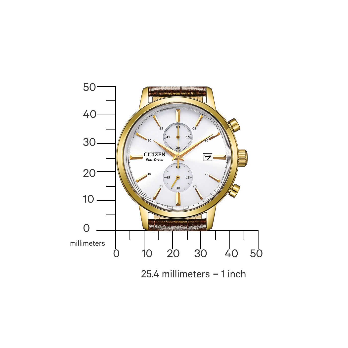 Gold Citizen Eco-Drive watch with white face and brown leather strap.