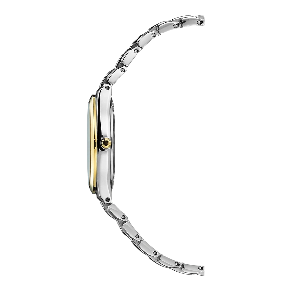 Side view of a silver and gold wristwatch with a white background.