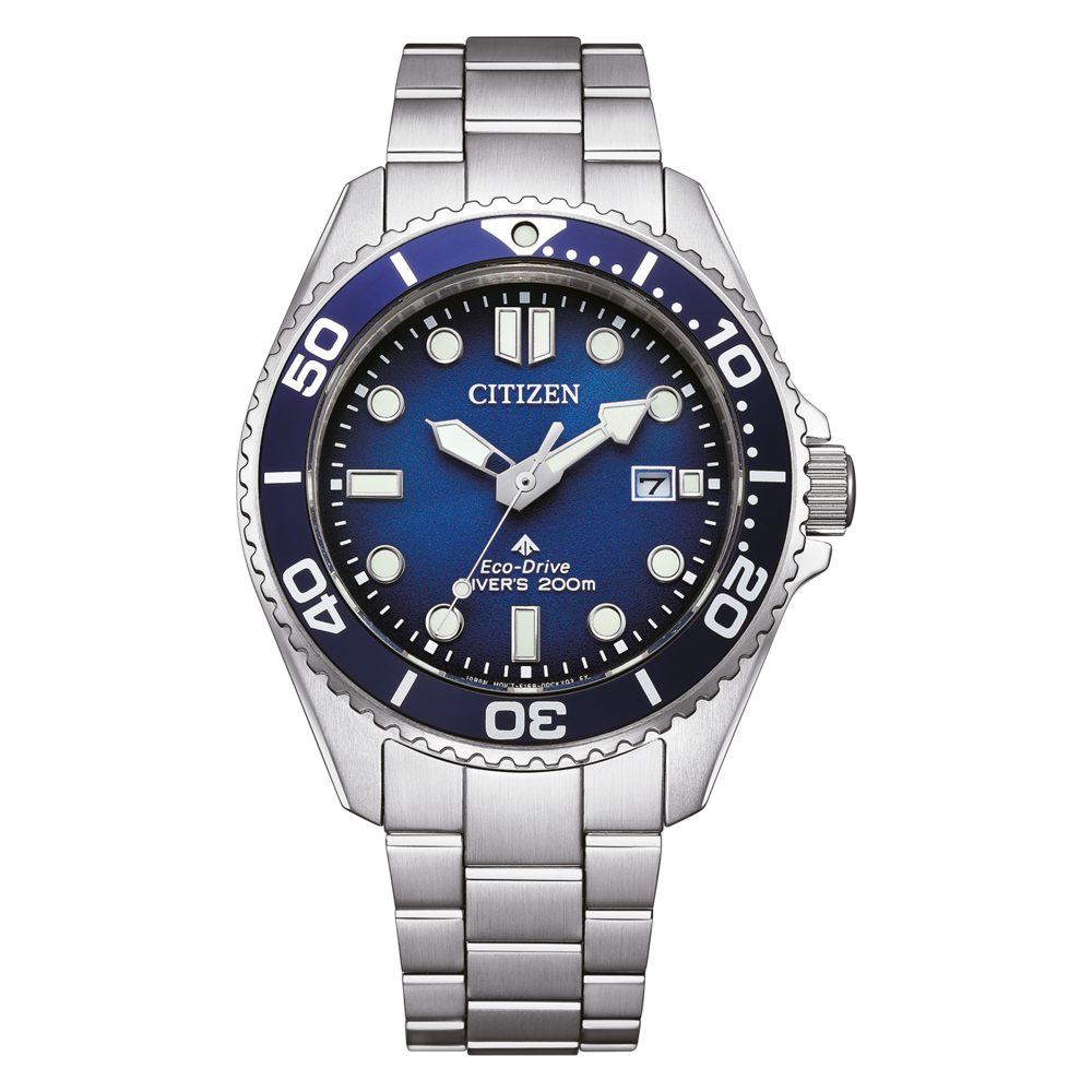 Citizen watch with blue dial and silver bracelet, perfect for diving.