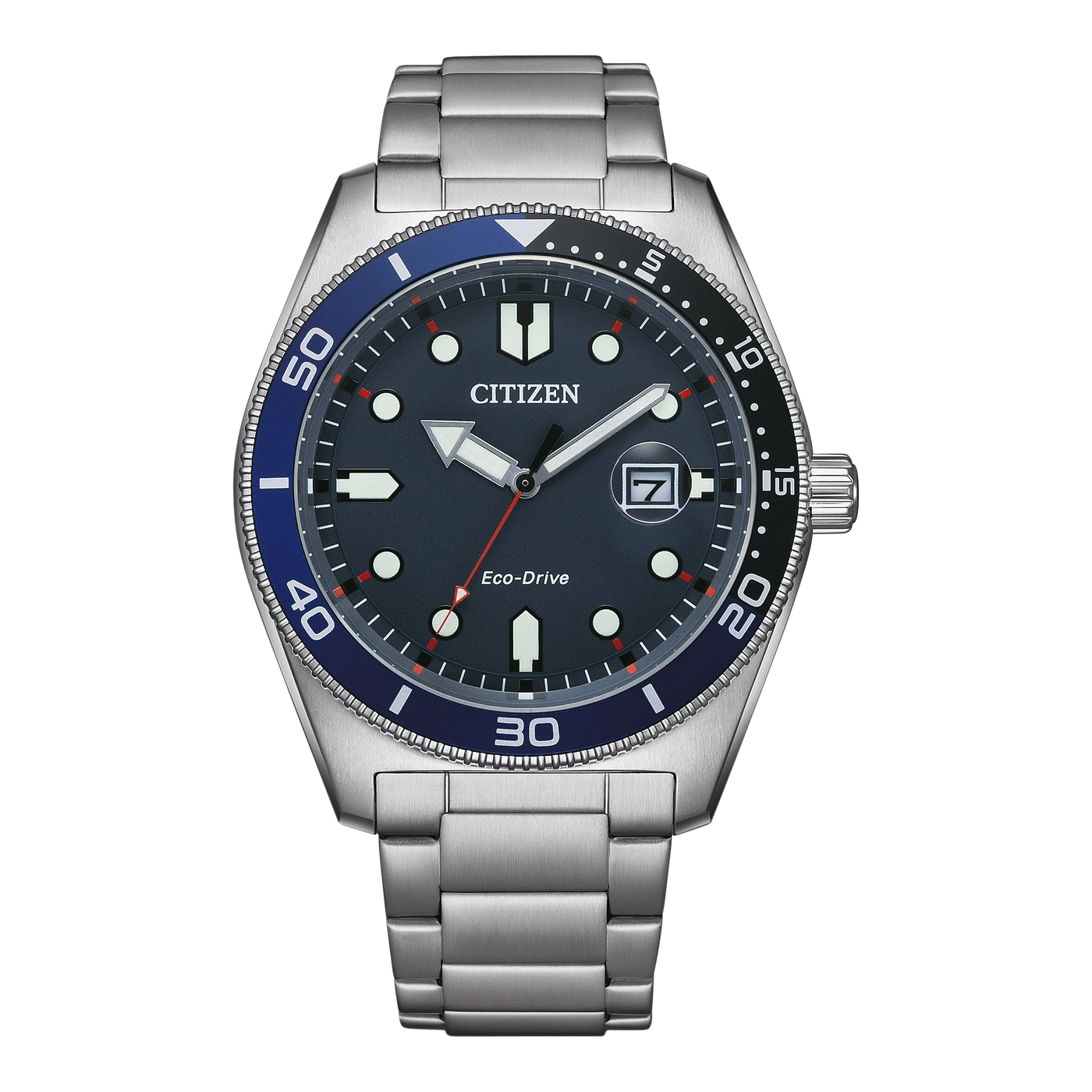 Citizen watch with blue and black bezel, silver strap and dark dial.