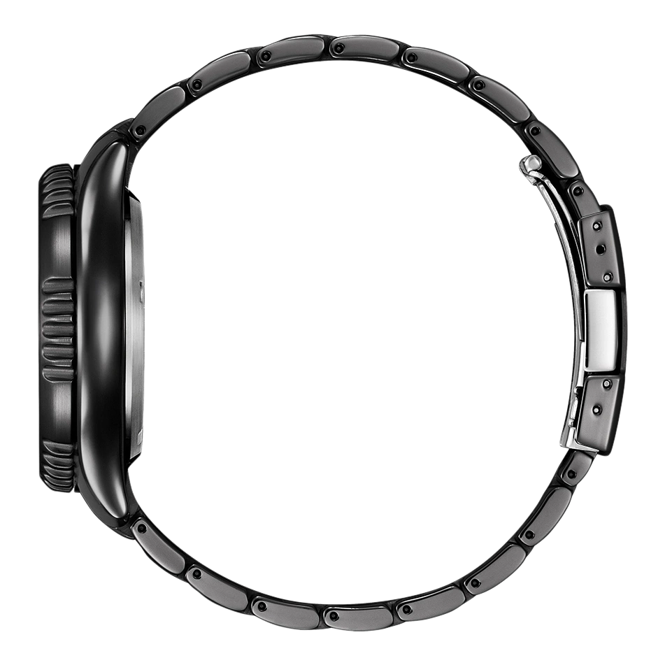 Black watch with a metal strap, side view, isolated on white background.