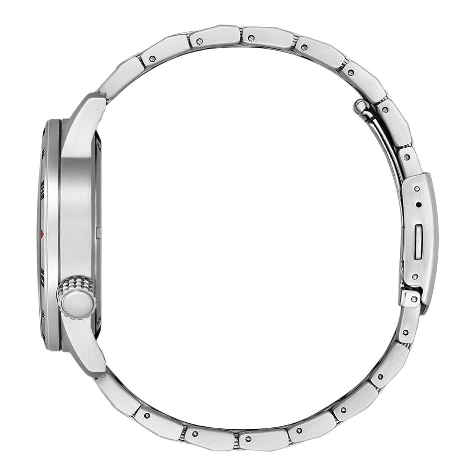 Side view of a silver watch with a metal band, round face.