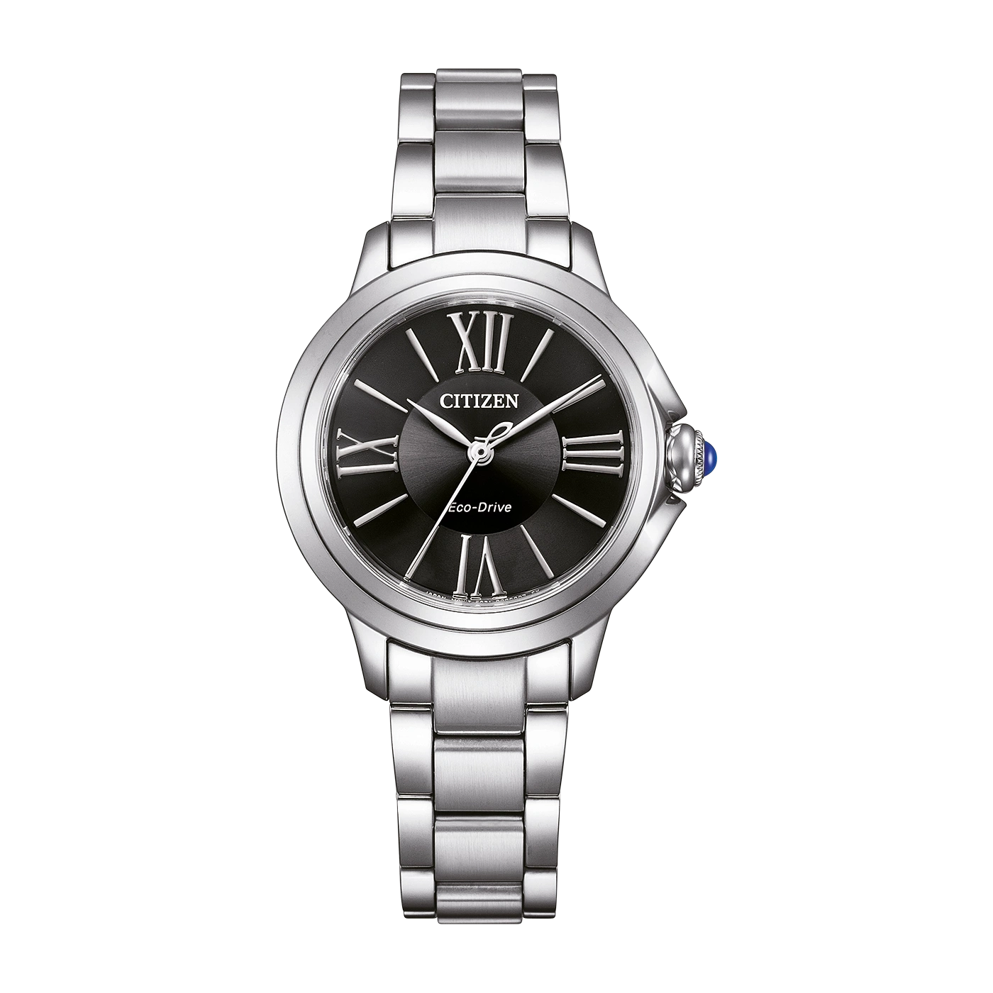 Citizen watch with black face and silver band, elegant design.