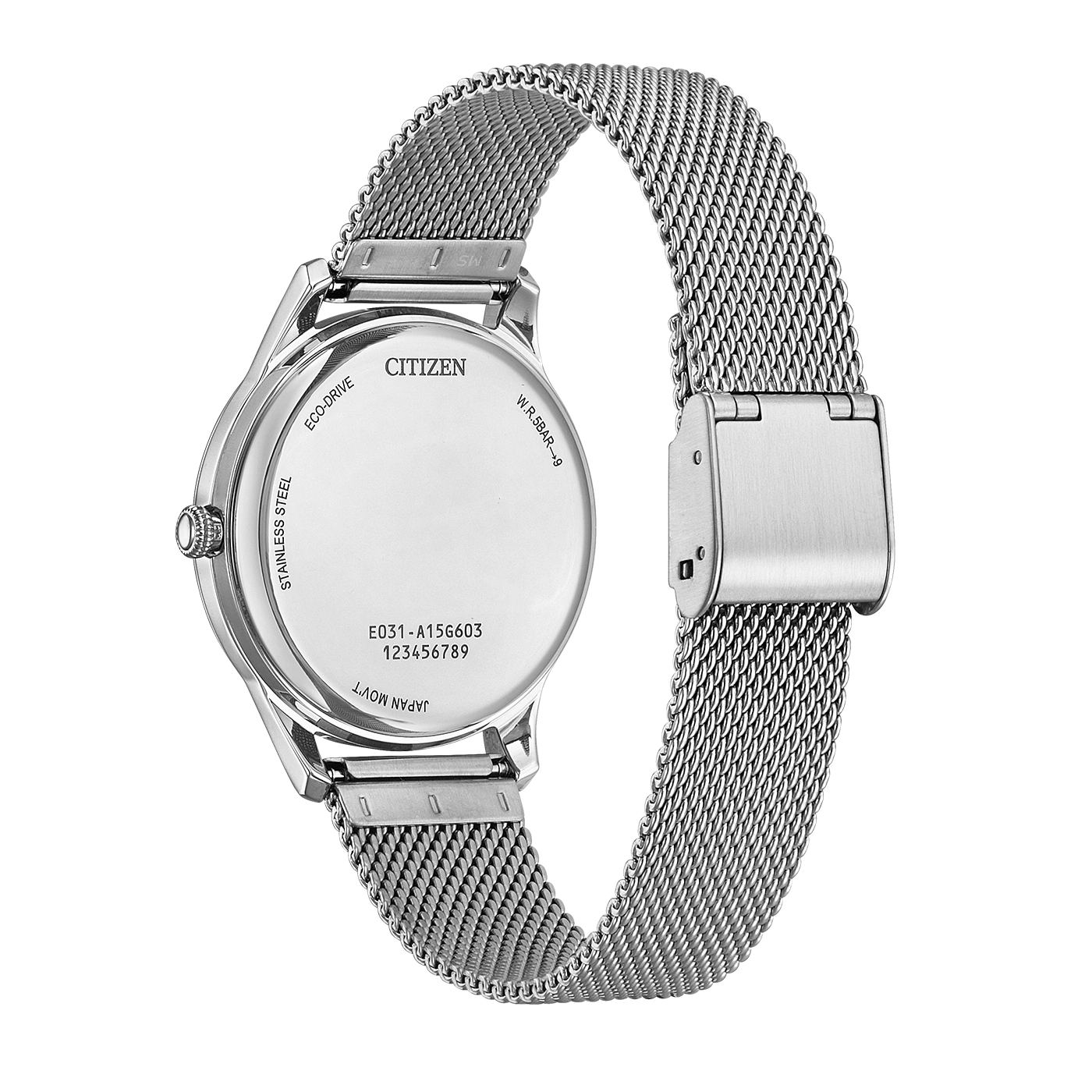 Back of a silver Citizen Eco-Drive watch with mesh band.
