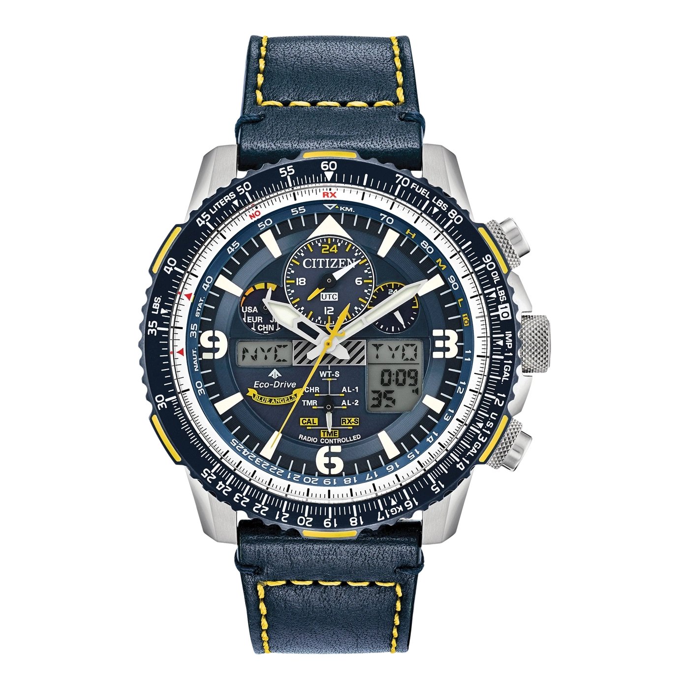 Citizen watch with blue leather strap, analog and digital display, Eco-Drive technology.